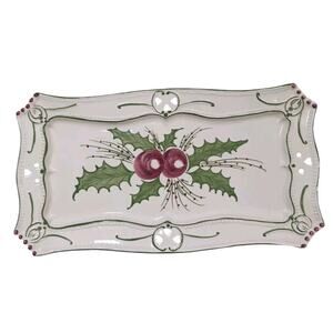 RCCL Christmas Tray 15" White Green HOLLY Hand Painted Glazed Ceramic PORTUGAL